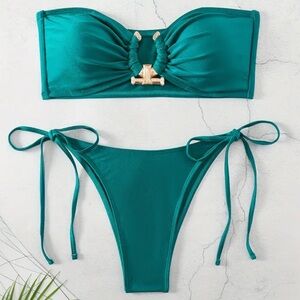Green Bandeau High Cut Tie Side Bikini Set